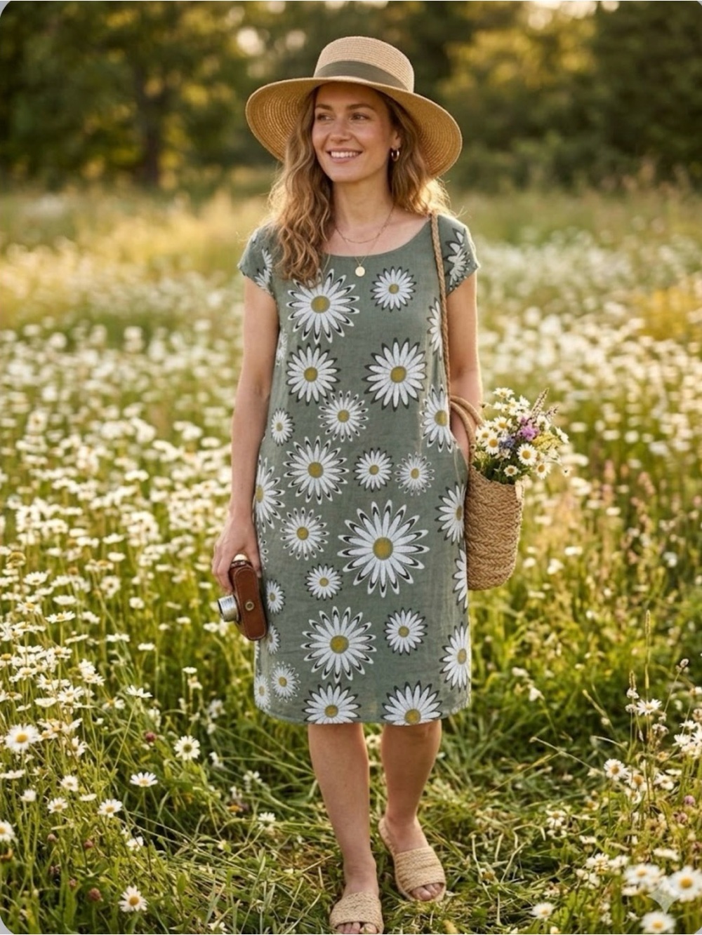 Linen Daisy Print Shift Dress​